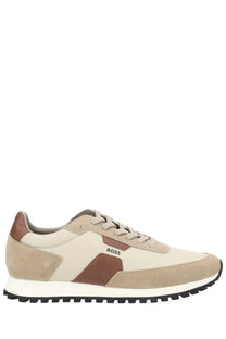 Beige and brown suede and canvas BOSS men’s Parkour sneaker with a white rubber sole for casual wear