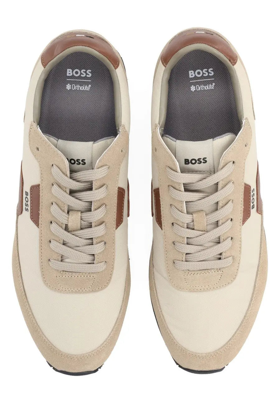 Beige and brown suede and leather BOSS men’s Parkour sneaker with classic retro design