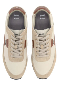 Beige and brown suede and leather BOSS men’s Parkour sneaker with classic retro design