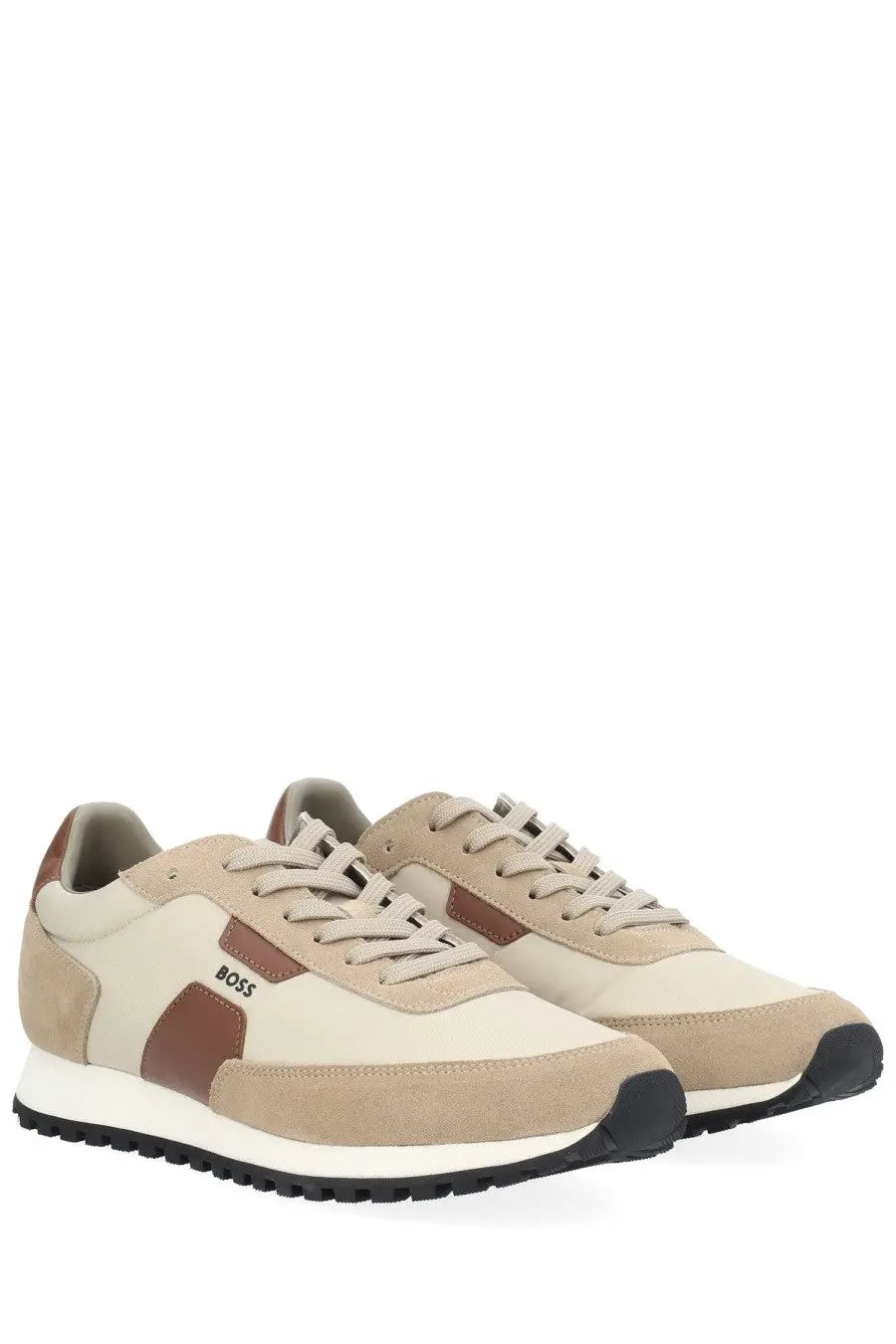 BOSS men’s Parkour sneaker in beige and brown suede with white rubber sole and boss logo on the side