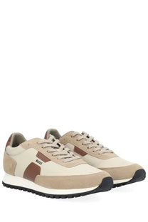 BOSS men’s Parkour sneaker in beige and brown suede with white rubber sole and boss logo on the side