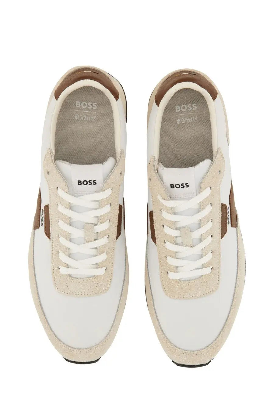 BOSS men’s Parkour sneaker white in white and beige leather with brown accents on heel tab side panels and laces