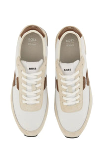 BOSS men’s Parkour sneaker white in white and beige leather with brown accents on heel tab side panels and laces