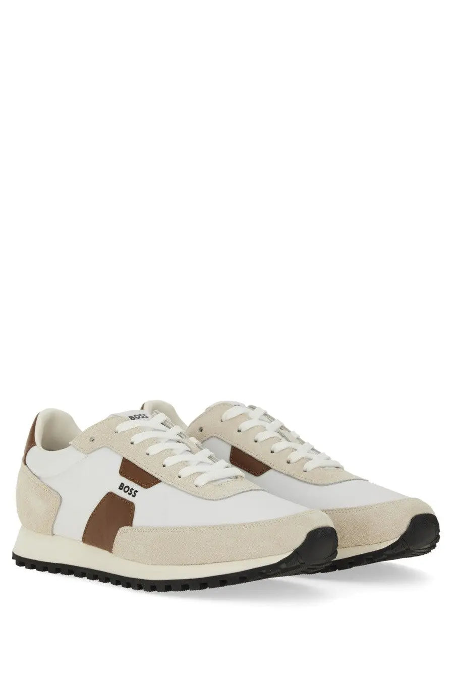 BOSS men’s parkour sneaker white with white and beige suede and brown leather accents featuring a retro design