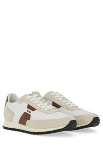BOSS men’s parkour sneaker white with white and beige suede and brown leather accents featuring a retro design
