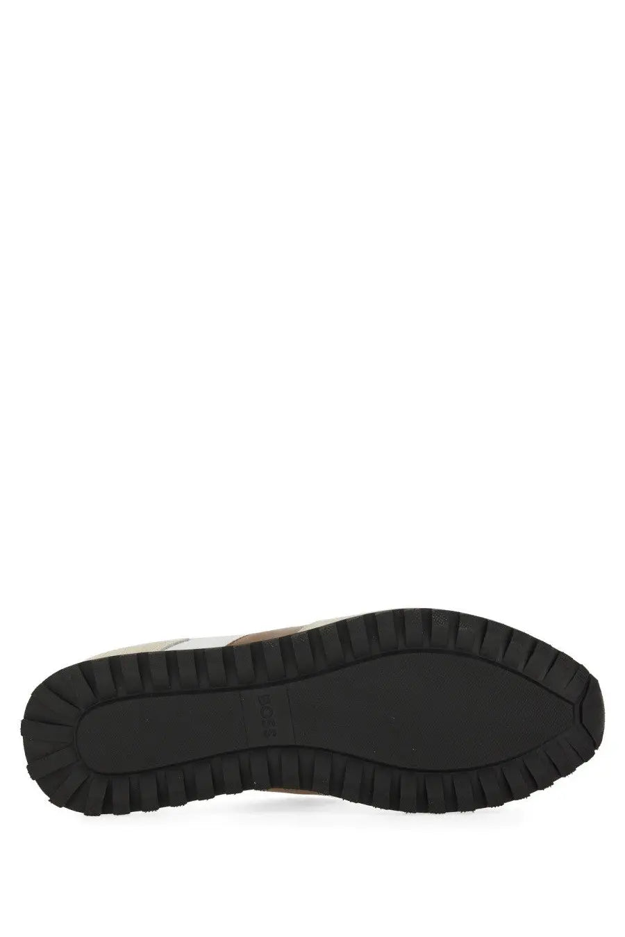 Black rubber sole with textured tread and subtle boss logo near heel of the back side of boss men’s parkour sneaker white