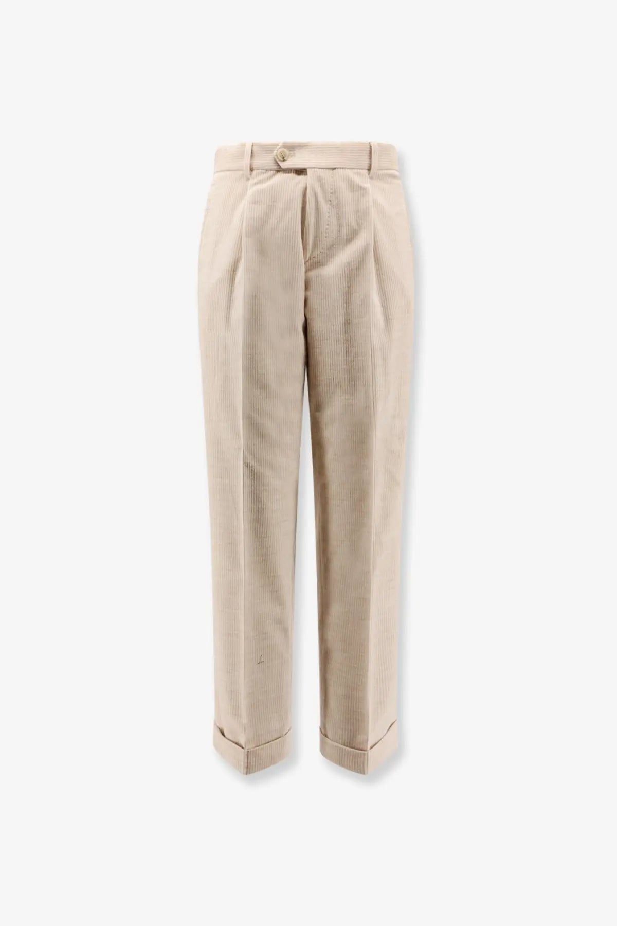 Beige corduroy trousers by boss with classic pleated front and rolled cuffs in men’s peet pleat style