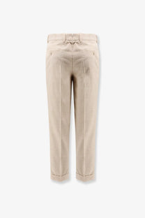 Beige BOSS men’s Peet pleat corduroy trousers with a classic tailored fit and rolled cuffs