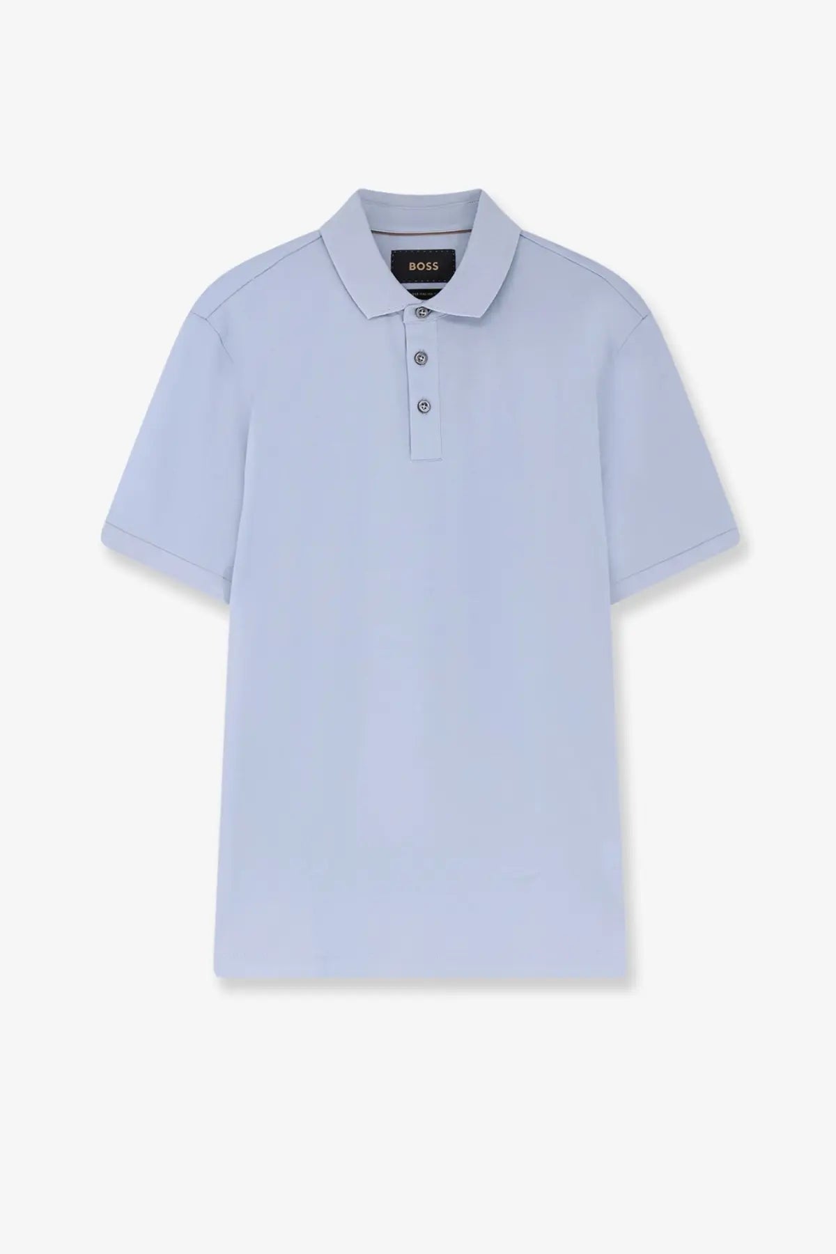 Light blue cotton short-sleeved polo shirt with classic collar and boss brand label at neckline for men