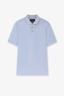 Light blue cotton short-sleeved polo shirt with classic collar and boss brand label at neckline for men