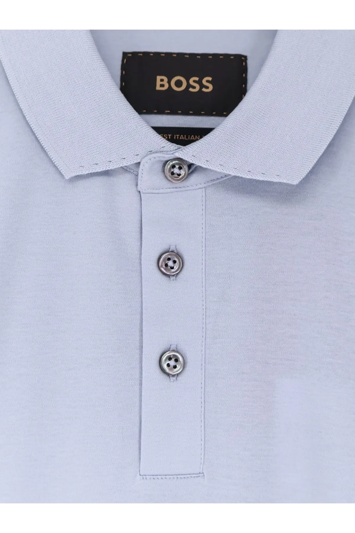 BOSS men’s Perry cotton polo shirt in light blue textured fabric with silver buttons and black BOSS label at the collar