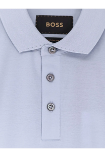 BOSS men’s Perry cotton polo shirt in light blue textured fabric with silver buttons and black BOSS label at the collar