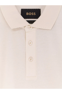 A cream-colored boss men’s perry cotton polo shirt with classic collar and matching buttons