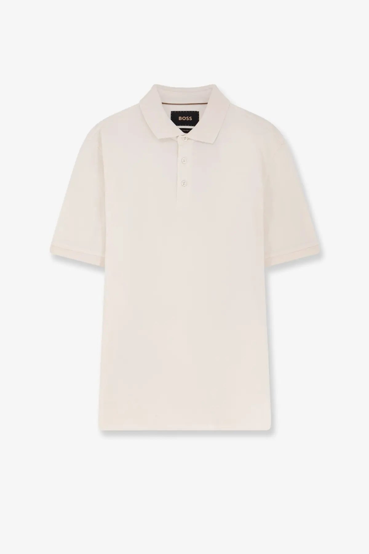 Cream-colored short-sleeved cotton polo shirt with classic collar and boss label at neckline for men