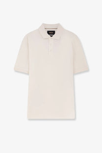 Cream-colored short-sleeved cotton polo shirt with classic collar and boss label at neckline for men