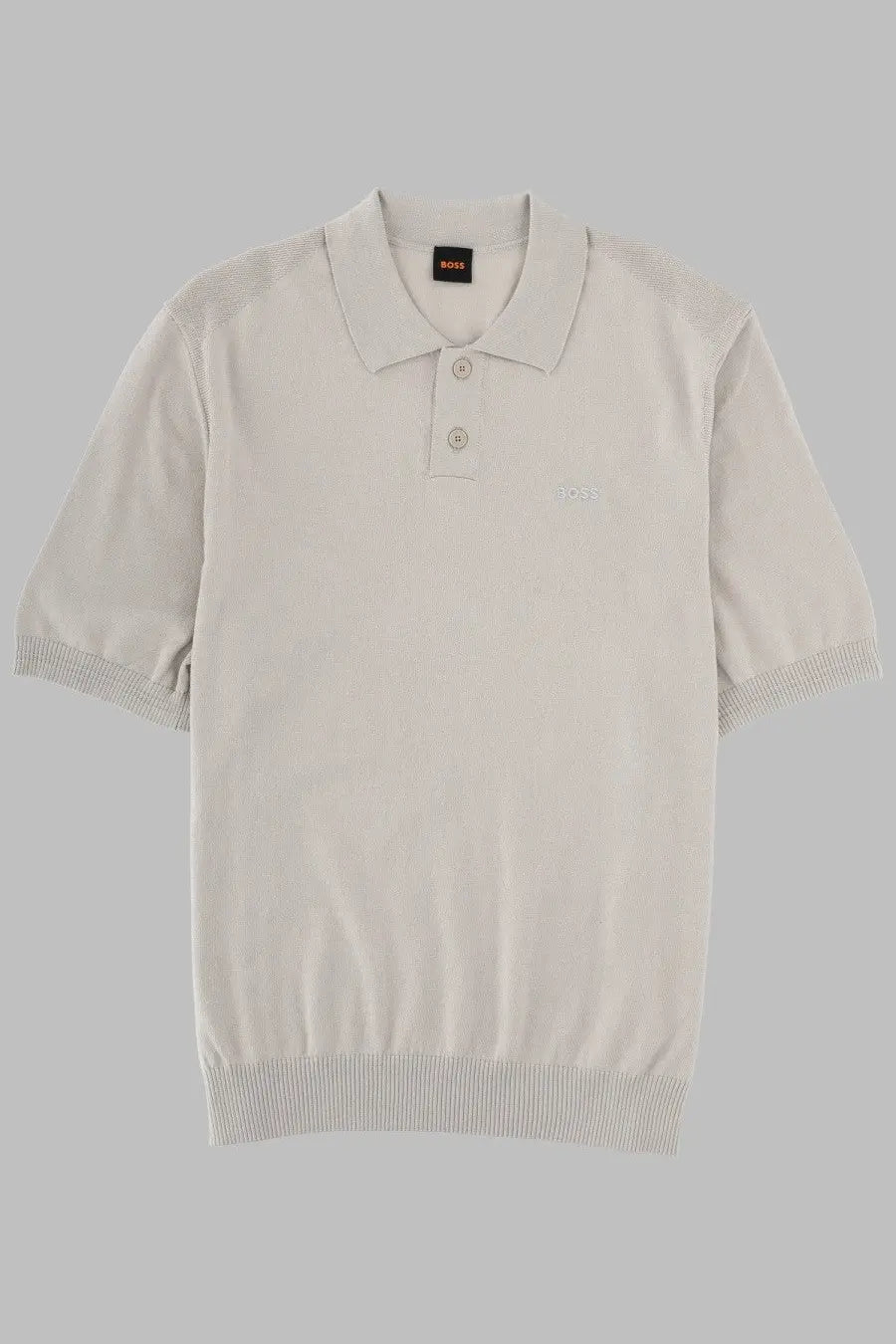 BOSS men’s beige knit polo Asac in cotone grey with ribbed cuffs hem and subtle embroidered chest logo