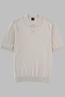 BOSS men’s beige knit polo Asac in cotone grey with ribbed cuffs hem and subtle embroidered chest logo