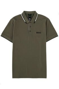 BOSS men’s olive green short-sleeved polo shirt with black and white trim and subtle boss logo on chest