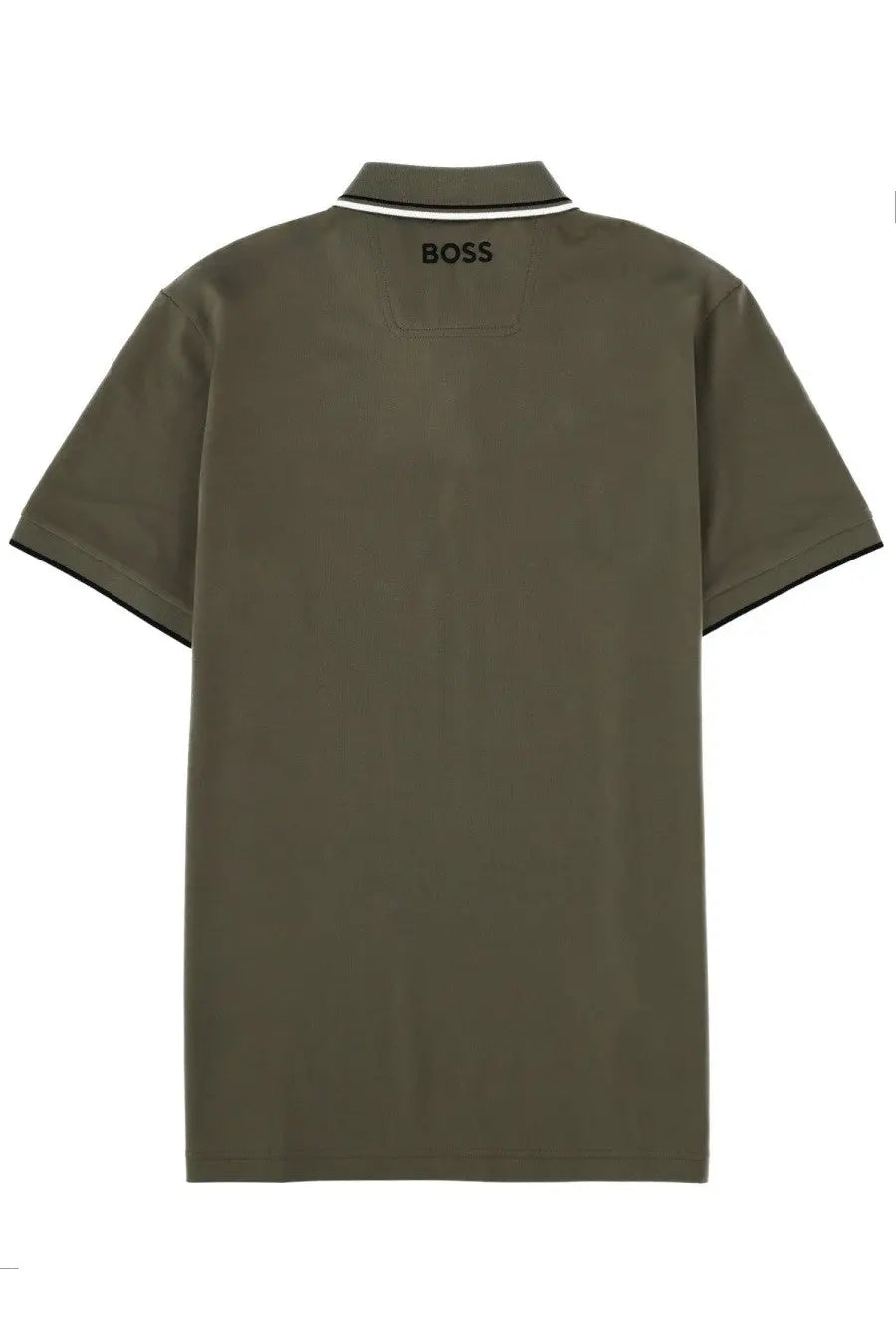 Back side of olive green short-sleeved boss men’s polo with black trim white collar and boss logo embroidered