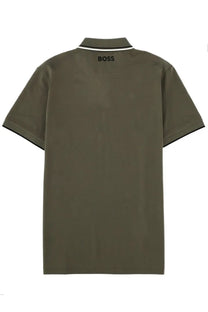 Back side of olive green short-sleeved boss men’s polo with black trim white collar and boss logo embroidered