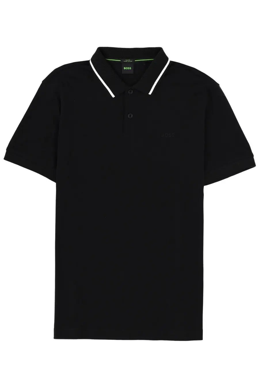 Boss men’s polo black featuring white trim on collar and placket for a sleek casual look