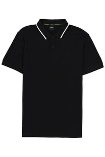 Boss men’s polo black featuring white trim on collar and placket for a sleek casual look