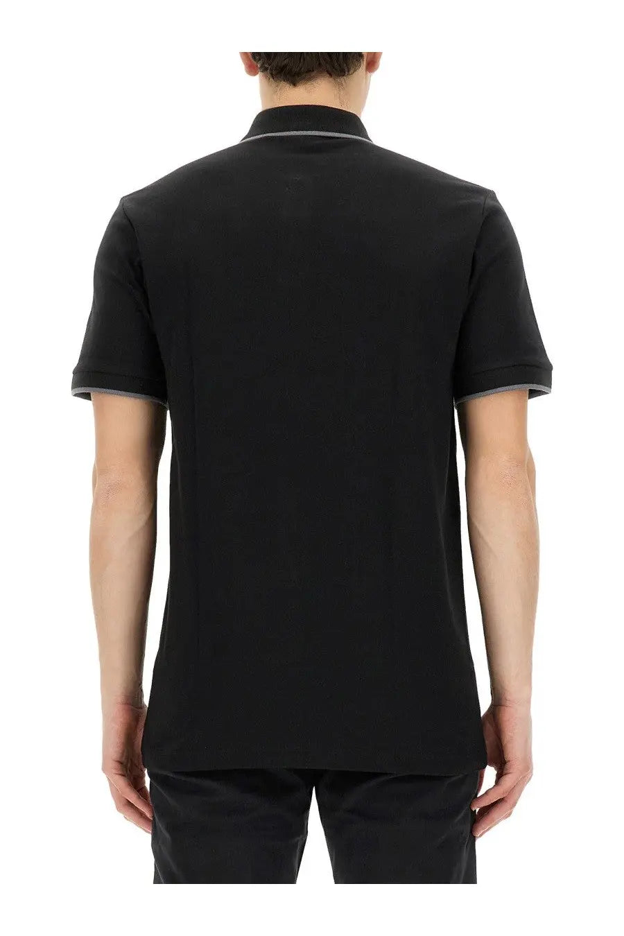 BOSS men’s black short-sleeved polo shirt featuring subtle gray trim on collar and sleeve cuffs