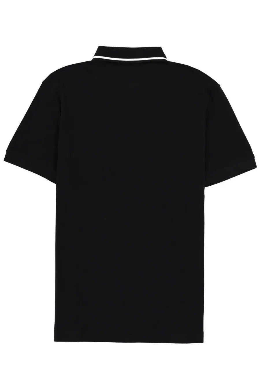 BOSS men’s black short-sleeved polo shirt with white trim collar made from soft breathable fabric