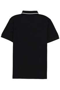 BOSS men’s black short-sleeved polo shirt with white trim collar made from soft breathable fabric