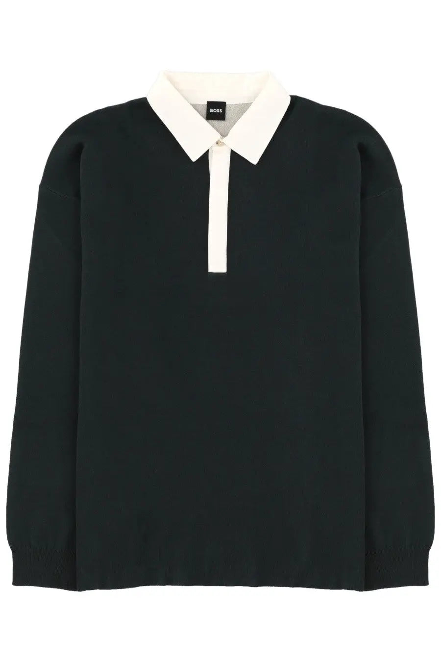 Black long-sleeved polo shirt with white collar and placket featuring boss label in the men’s polo cenito green collection