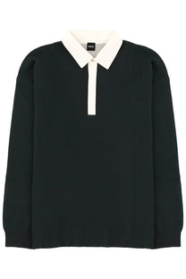 Black long-sleeved polo shirt with white collar and placket featuring boss label in the men’s polo cenito green collection