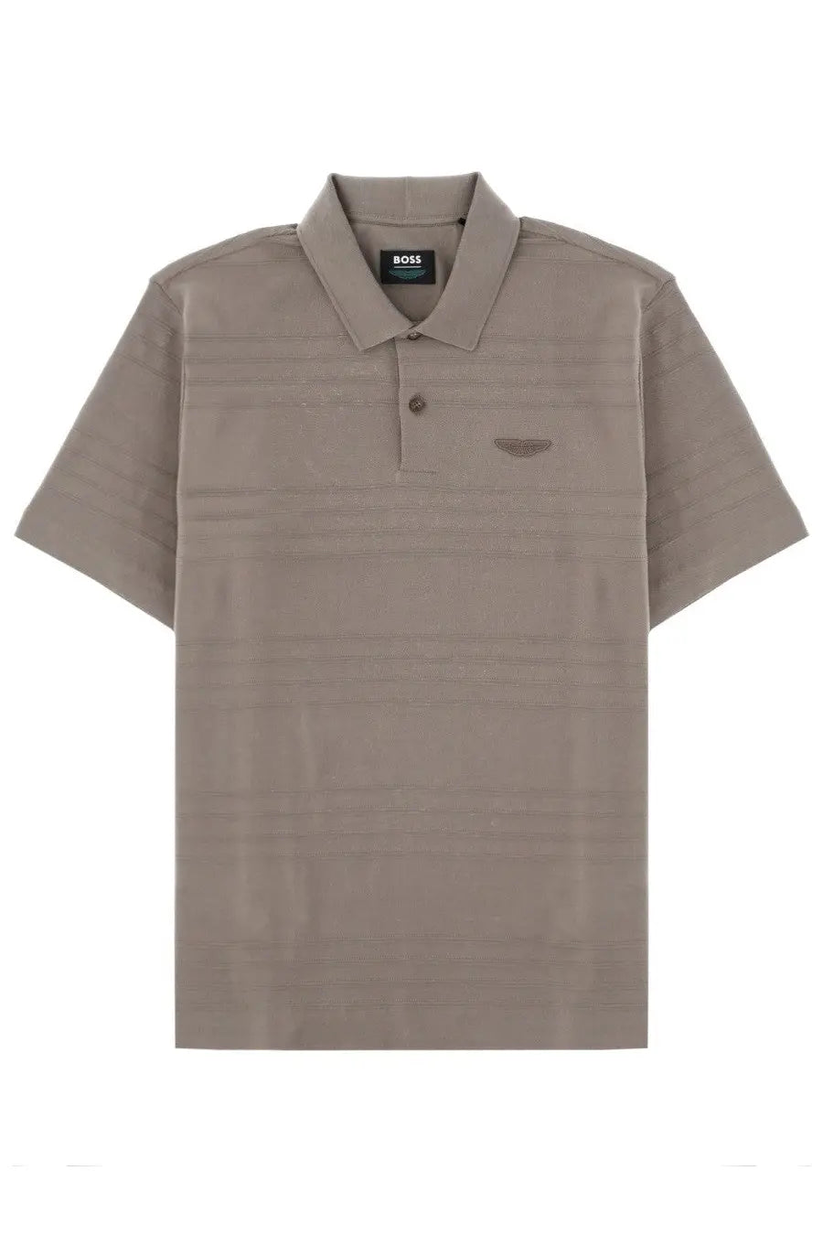 BOSS men’s beige short-sleeved polo shirt with subtle ribbed texture and small embroidered logo on left chest
