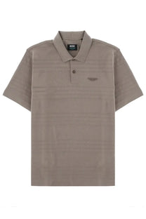 BOSS men’s beige short-sleeved polo shirt with subtle ribbed texture and small embroidered logo on left chest