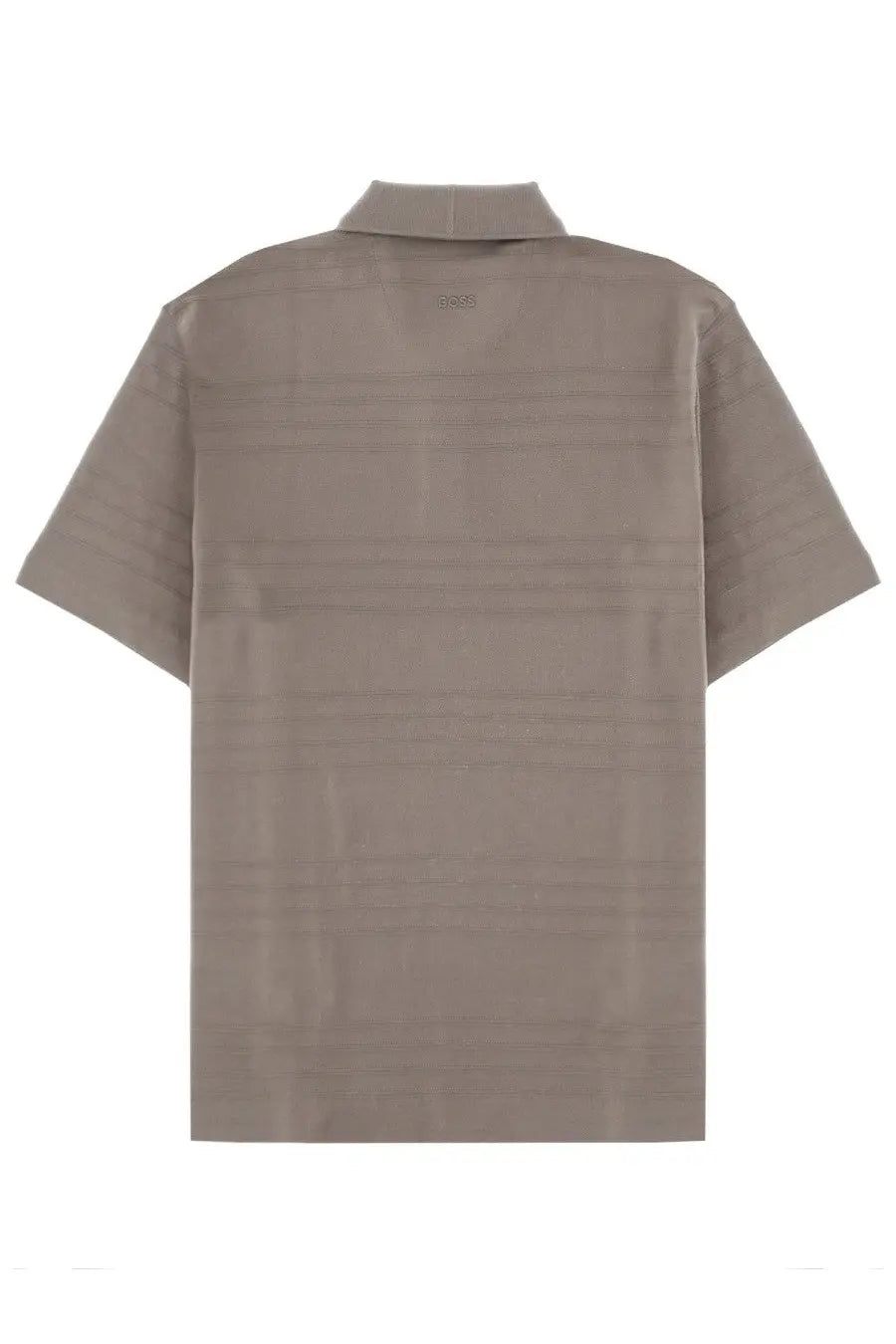 Beige short-sleeved BOSS men’s polo con polo shirt with subtle textured pattern and small embroidered logo at the collar