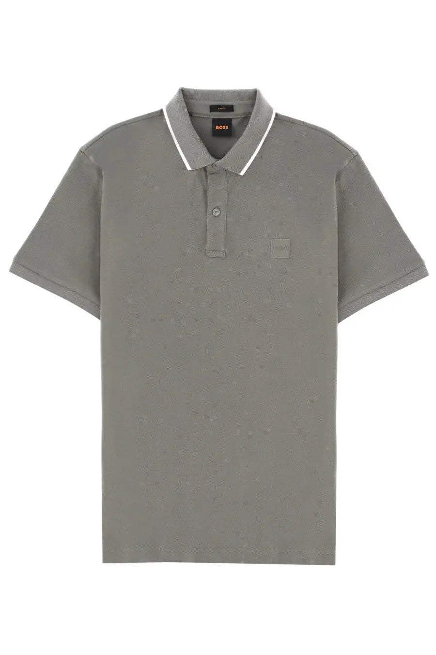 BOSS men’s grey short-sleeved polo shirt with white collar trim and subtle chest brand patch ideal for casual wear