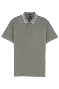 BOSS men’s grey short-sleeved polo shirt with white collar trim and subtle chest brand patch ideal for casual wear