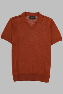 Boss men’s polo naden in seta brown rust-colored fine-knit short-sleeved shirt with ribbed collar