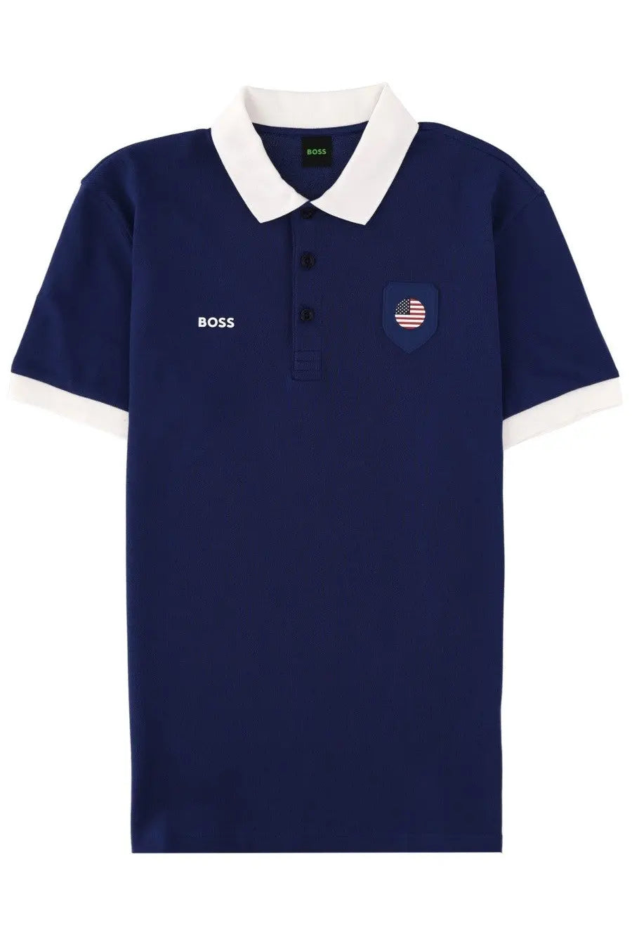 Boss men’s polo paddy blue navy blue shirt with white collar and sleeve trim featuring shield shaped american flag patch