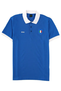 Boss men’s polo paddy blue shirt with white collar and sleeve trim featuring embroidered italian flag patch on left chest