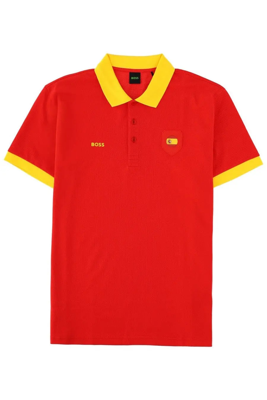 BOSS men’s polo Paddy red red shirt with yellow collar and sleeve trim and embroidered chest pocket logo