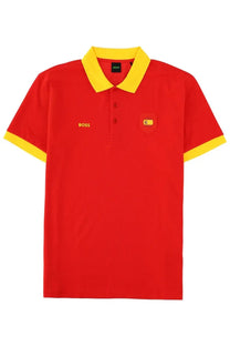 BOSS men’s polo Paddy red red shirt with yellow collar and sleeve trim and embroidered chest pocket logo