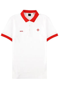 BOSS men’s polo Paddy white shirt with red collar sleeve cuffs and embroidered logo details