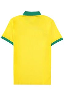BOSS men’s polo paddy yellow with bright yellow fabric and green collar and sleeve trim for casual wear