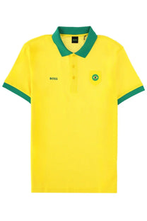 BOSS men’s polo paddy yellow with green collar and sleeve trim featuring embroidered Brazilian flag patch