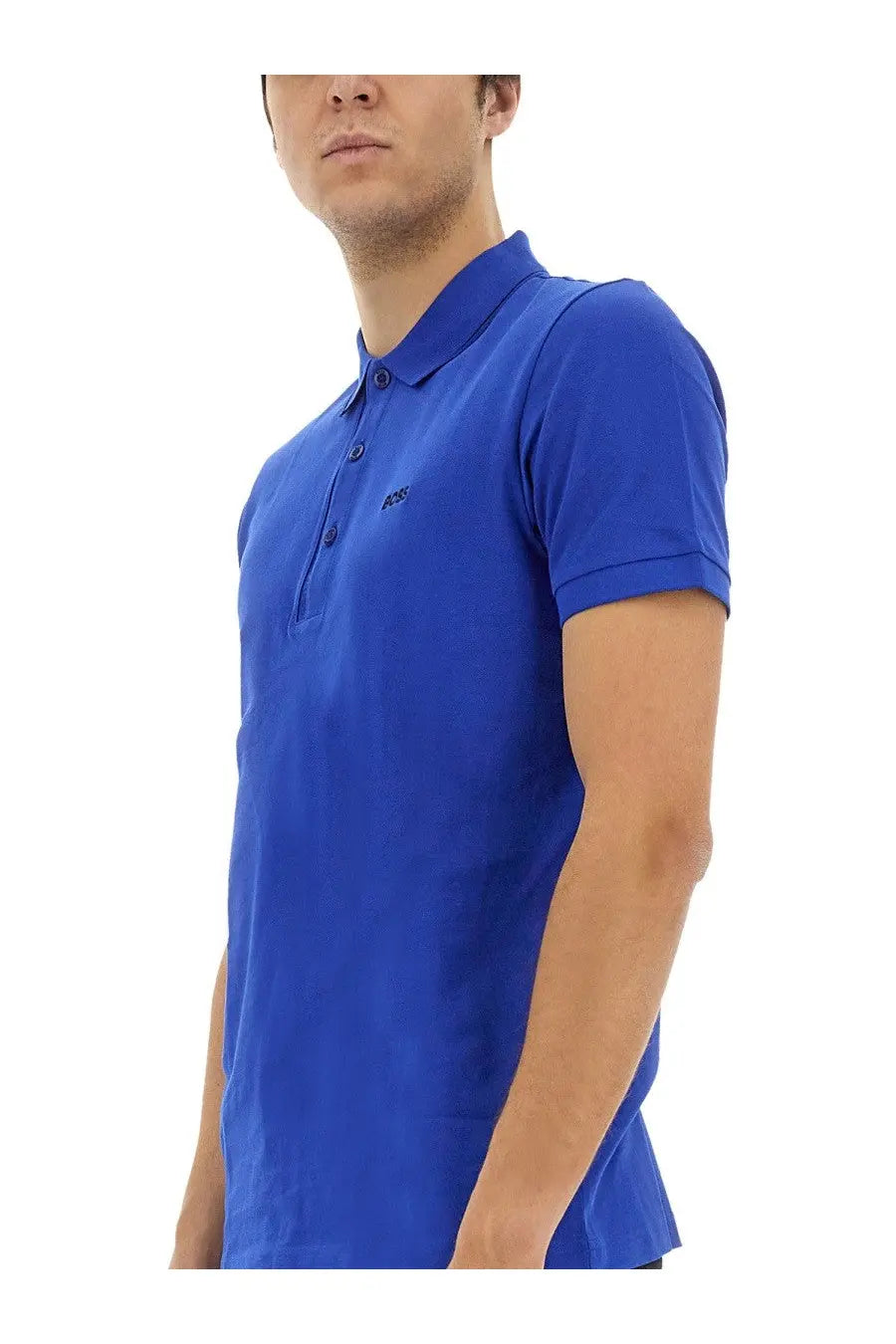 BOSS men’s polo Paule blue short-sleeved shirt with collar button placket and embroidered chest logo