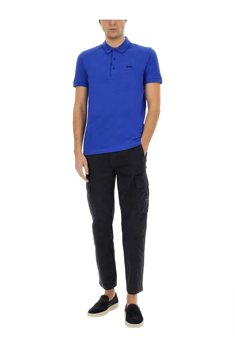 BOSS men’s polo paule blue short-sleeved shirt with collar button placket and small black logo on left chest