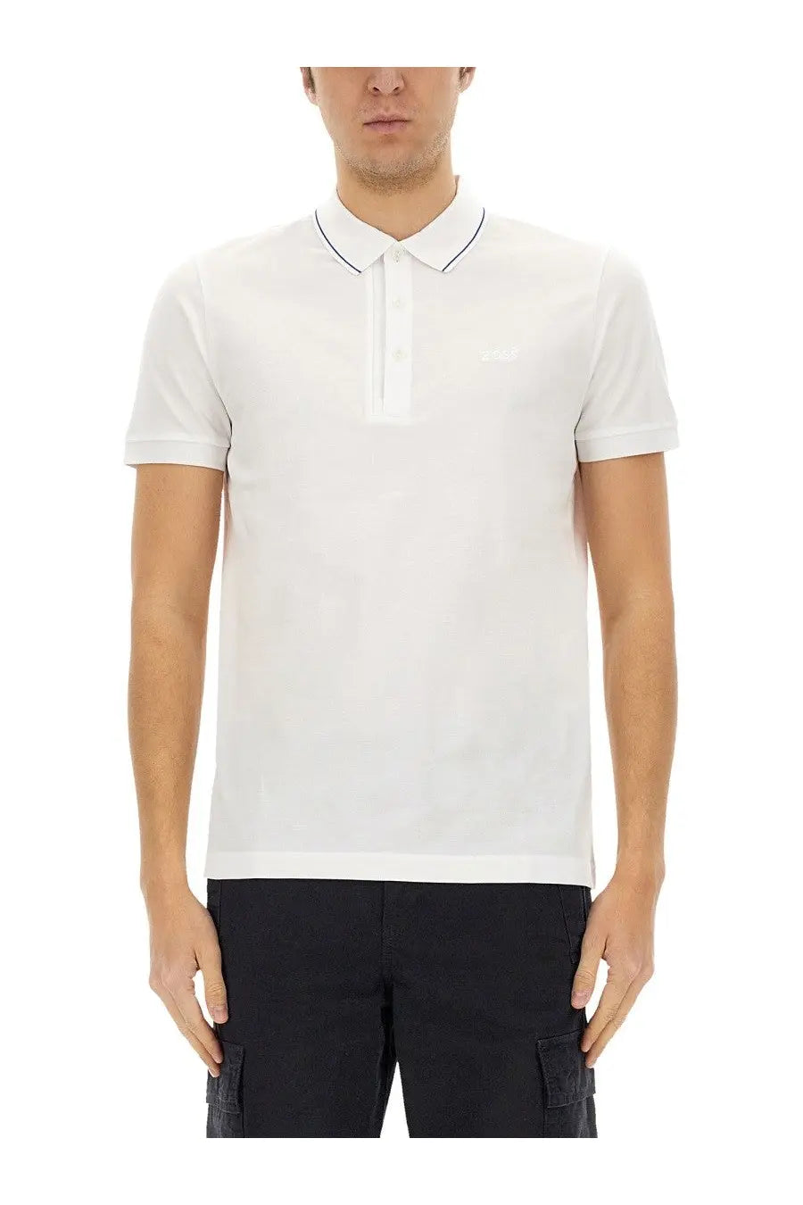 Boss men’s polo Paule white white cotton shirt with subtle black trim on collar and placket