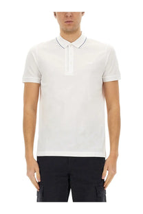Boss men’s polo Paule white white cotton shirt with subtle black trim on collar and placket