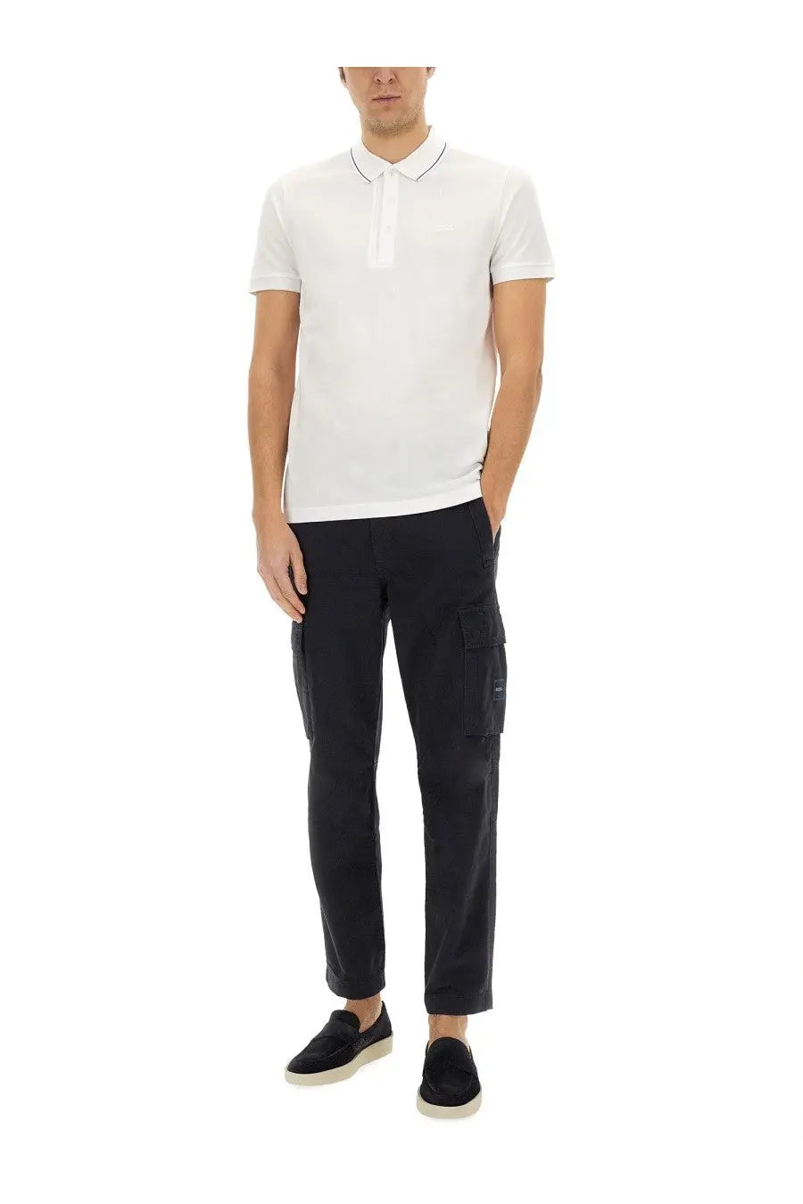 BOSS men’s polo Paule white short-sleeved shirt with subtle textured weave and dark trim collar