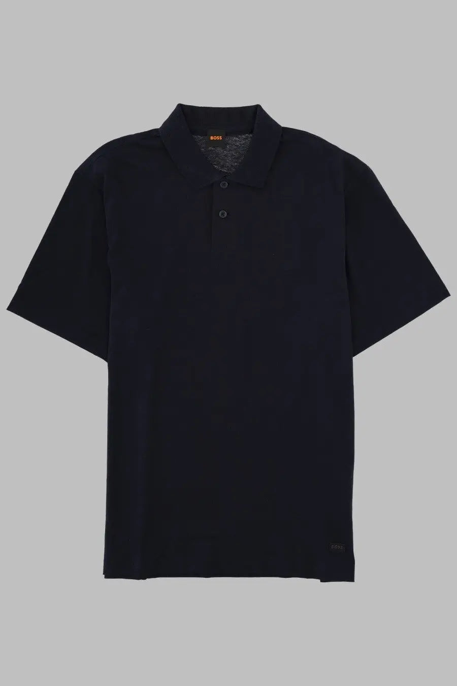 Black short sleeved polo shirt with classic collar and boss logo embroidered on inner neckline in men’s petape blue style